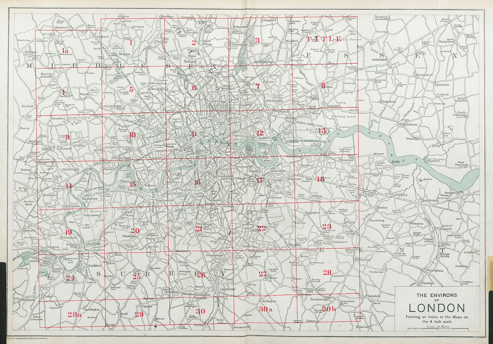 THE ENVIRONS OF LONDON. Index map. Main roads. BACON 1920 old antique